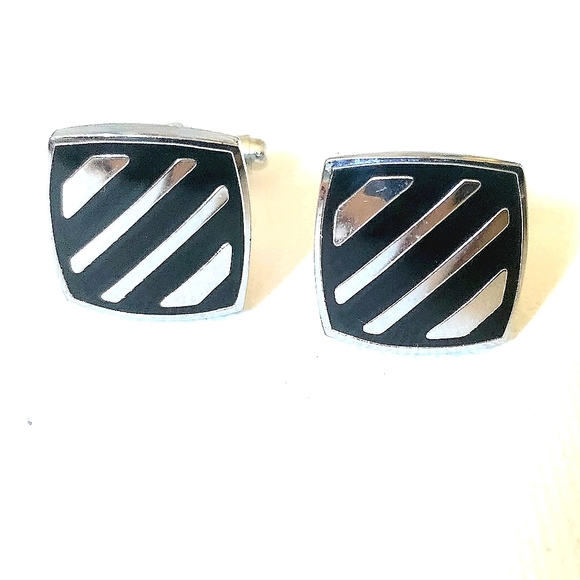 NEW 3pc. Cufflinks: "Striped" Stainless Steel/Enamel & Tie Bar. Bullet Back - Picture 2 of 8